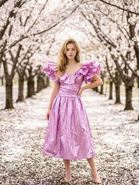 Shimmering Lavender Ruffle V-Neck Midi Dress